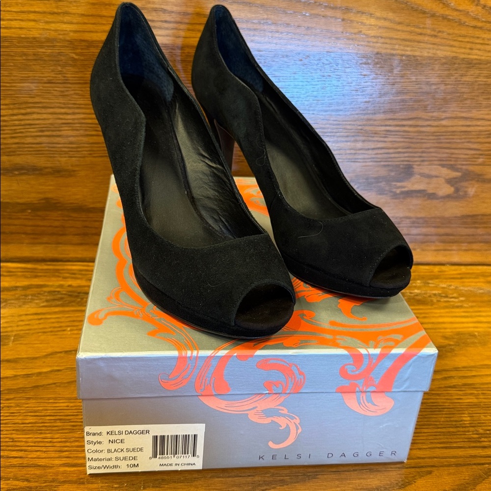 Kelsi Dagger Black Suede Peep-Toe Pumps
